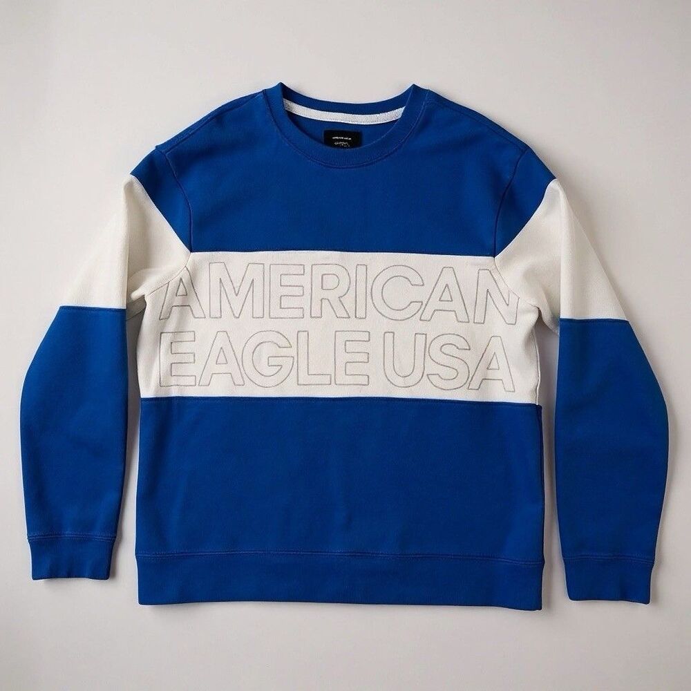 American Eagle USA Sweatshirt Blue White Bold Letters VTG Warm Long Sleeve EUC M